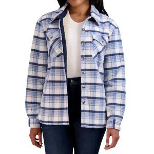 SAGE Women's Plush Button Up Front Pocket Shirt Jacket Blue Plaid Size XL